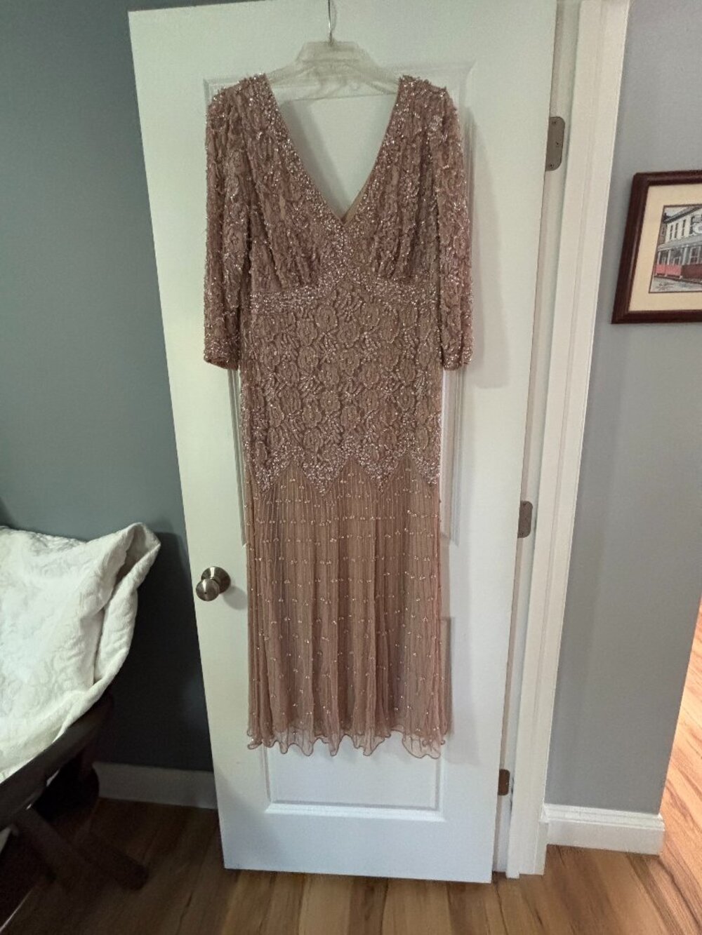 mother of the bride tea length dress. Adrienne Papell, size 16, Lite beige